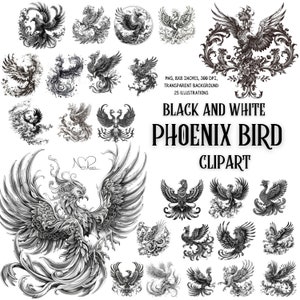 Majestic Phoenix Clip Art - Elegante conjunto de ilustraciones de arte lineal para proyectos creativos - Bocetos en blanco y negro - Descarga instantánea