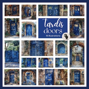 Blauwe illustraties deuren en poorten geïnspireerd door Tardis: digitale kunst, scifi-afdrukbare ontwerpen voor knutselen, scrapbooking, muurkunst en meer