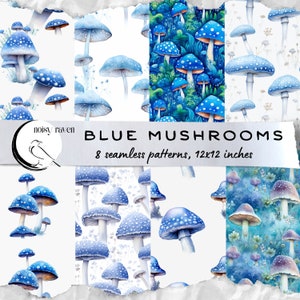 Incantevole magia dei funghi blu - Modelli fantasy senza soluzione di continuità - Arte digitale per stampe e decorazioni - Download digitale