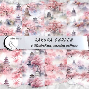 Patrones sin costuras de Sakura Garden - Diseños de flor de cerezo japonés Zen para telas, papelería y artesanías - Descarga instantánea