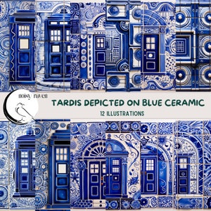 アズレージョ タイルの TARDIS - 気まぐれなドクター・フーにインスパイアされたアート - 青いセラミック タイルの SF デジタル イラスト - 即時ダウンロード