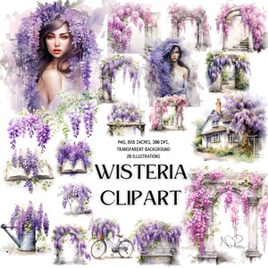 Grillige Wisteria Delights: Floral Clip Art Collection - Digitale download voor ambachten, uitnodigingen en elegante ontwerpen