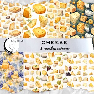 Padrões sem costura do amante de queijo - Desenhos divertidos de laticínios para tecidos, papelaria e artesanato - Pano de fundo de comida gourmet - Download instantâneo