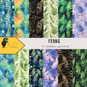 Aquarell Farne Muster - botanisches digitales Papier, von der Natur inspirierte druckbare Designs für Scrapbooking, Kunsthandwerk & mehr