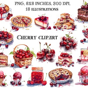 Kersenrecepten Clip Art - artistieke illustraties voor culinaire liefhebbers, keukendecor en gastronomische ontwerpen - digitale download