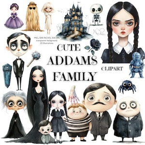 Clipart de acuarela de la Familia Addams: Imprimible de Halloween espeluznante, gótico y adorable para manualidades, scrapbooking, arte digital y decoración de fiestas - Addams el Lindo