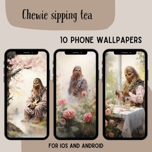 Chewbecca: il romantico Chewbecca che sorseggia il tè in uno sfondo per smartphone con un giardino fiorito, sfondo divertente del telefono di Star Wars