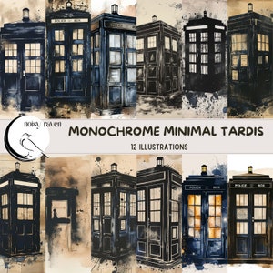 Ilustraciones monocromáticas mínimas de Tardis - Arte de ciencia ficción atemporal para espacios limpios y elegantes - Descarga instantánea