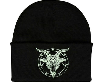 Baphomet Mütze Hat Bestickte Pentagramm Satanic Ockult Kirche Satan Gothic Glow in the Dark