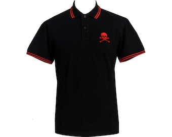May include: Black polo shirt with red trim on the collar and sleeves. A red skull and crossbones design is embroidered on the front of the shirt.