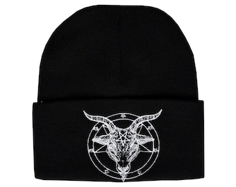 Baphomet Beanie Hat Embroidered Pentagram Satanic Occult Church of Satan Gothic