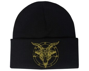 Baphomet Beanie Hat Embroidered Pentagram Satanic Occult Church Satan Gothic Gold