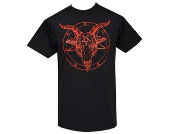 May include: Black t-shirt featuring a red illustration of a goat's head within a pentagram. The design includes horns and a beard. The shirt is a short-sleeved crew neck.