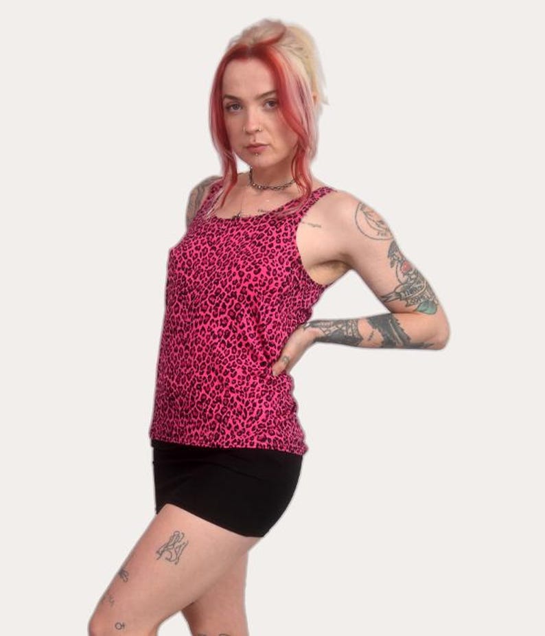 Pink Leopard Print Tank Top – Y2K Punk Rockabilly Fashion, Made in UK image 1