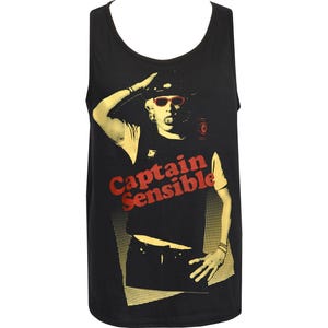 May include: Black vest top with a graphic of a person wearing sunglasses and a hat, and the text "Captain Sensible" in red. The image has a yellow and black halftone design.