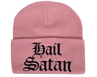Hail Satan Dusty Pink Beanie Hut bestickt satanische Alternative Gothic Halloween Hexe