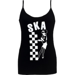 Women&#39;s Ska Tank Top – 2 Tone Girl Strap Vest with Checkerboard Print