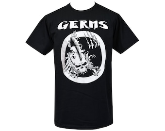May include: Black t-shirt with the word "GERMS" in white above a circular graphic. The graphic features a skull with a mohawk and skeletal hands. The design is in black and white.