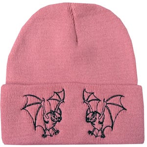 Dusty Pink Bat Beanie – Twin Bat Embroidered Gothic Knit Hat