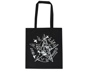 May include: Black tote bag with white graphic of a star containing symbols and text. The bag has two black handles and is made of a sturdy fabric. The design is centered on the bag.