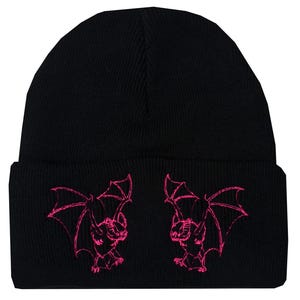 Black Beanie with Pink Bats – Gothic Twin Bat Embroidered Hat