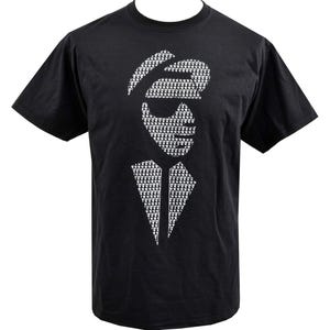 May include: Black t-shirt featuring a white graphic of a person's face, hat, and suit. The graphic is composed of small, repeating figures. The shirt has short sleeves and a crew neck.