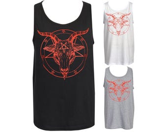 May include: Three sleeveless tank tops in black, white, and gray. Each tank top features a red graphic of a goat's head within a pentagram. The tops have a scoop neck design and are made of a soft material.