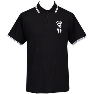 May include: Black polo shirt with a white tipped collar and white tipped sleeves. The shirt features a white silhouette of a man wearing a hat and sunglasses.