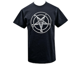 Black Occult T-Shirt with White Pentagram – Men's Gothic Baphomet Tee