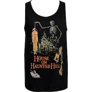 May include: Black vest top with a graphic from the film "House on Haunted Hill." The design shows a skeleton, a woman in a yellow dress, and the film title in orange. A vintage horror-themed garment.