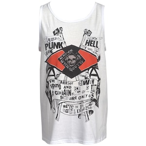 May include: White vest top featuring a black and red graphic design. The design includes text, a skull, and banners that read "PUNK gang" and "Create Hell". The vest top has a round neckline.