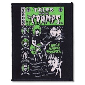 Pode incluir: Um remendo bordado preto e verde com uma capa de banda desenhada com o texto "Tales from the Cramps" e uma ilustração de um membro da banda tocando guitarra. O texto "I was a Teenage Werewolf!" também aparece no remendo.