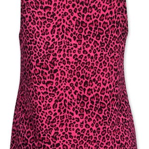 May include: A sleeveless top with a vibrant pink leopard print. The fabric is covered in black spots, creating a bold and eye-catching design. The top has a scoop neckline and a relaxed fit, suitable for casual wear.