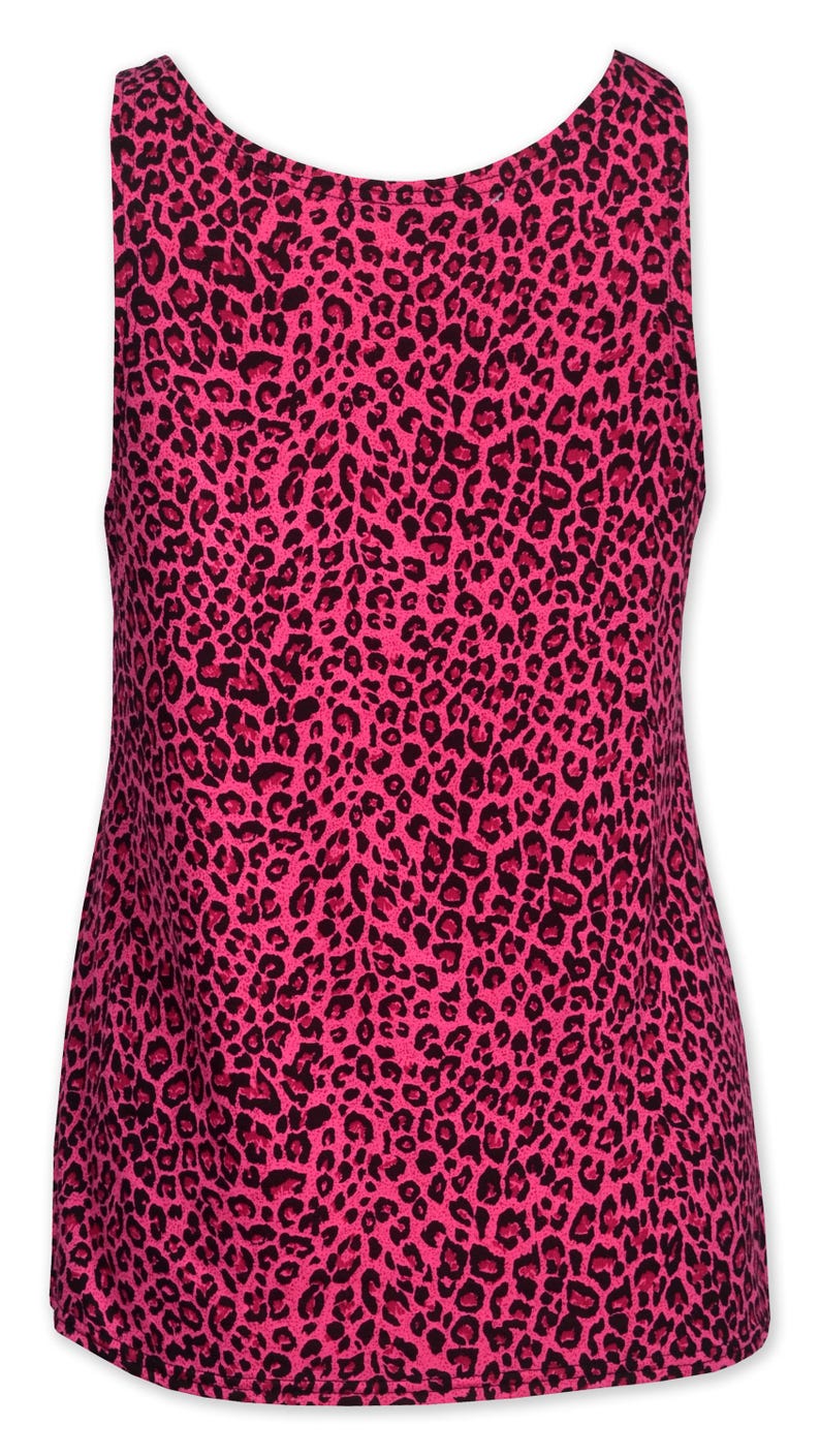 May include: A sleeveless top with a vibrant pink leopard print. The fabric is covered in black spots, creating a bold and eye-catching design. The top has a scoop neckline and a relaxed fit, suitable for casual wear.