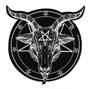 May include: Black and white illustration of a goat's head with horns inside a pentagram. The pentagram is surrounded by a circle of smaller pentagrams.