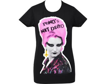 Punk’s Not Dead T-Shirt Women’s Black Tee with Pink Hair Punk Icon Print