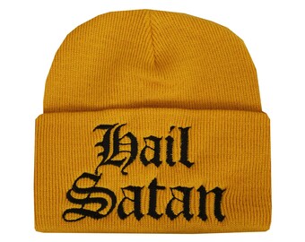 Hail Satan Mustard Beanie Hat Embroidered Satanic Alternative Gothic Halloween Witch