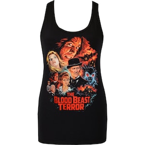 May include: A black vest top featuring a colourful graphic print from the film The Blood Beast Terror. The design includes multiple character portraits, a man in a top hat, a monstrous creature, and the title text in bold red lettering.