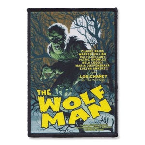 Peut inclure: Une affiche de film vintage pour "L'homme-loup" représentant un loup-garou vert dans une forêt sombre. L'affiche comprend le titre, la distribution et les crédits.