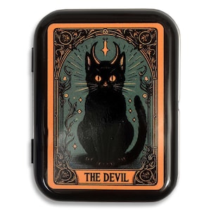 The Devil Cat tarotkaartblik | Gotisch heks occult scharnierend blikje