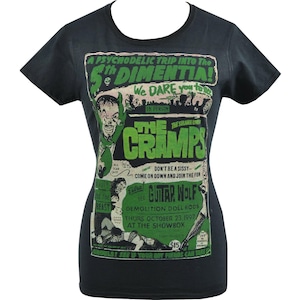 The Cramps 5th Dementia T-Shirt - Damen Schwarzes Punk Gig Flyer T-Shirt mit grünem Druck