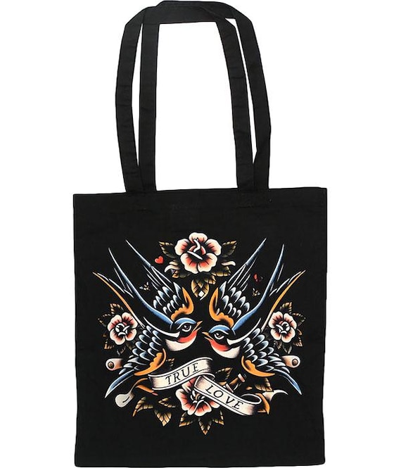 True Love Swallow Tote Bag – Black Cotton Tattoo-inspired Shoulder