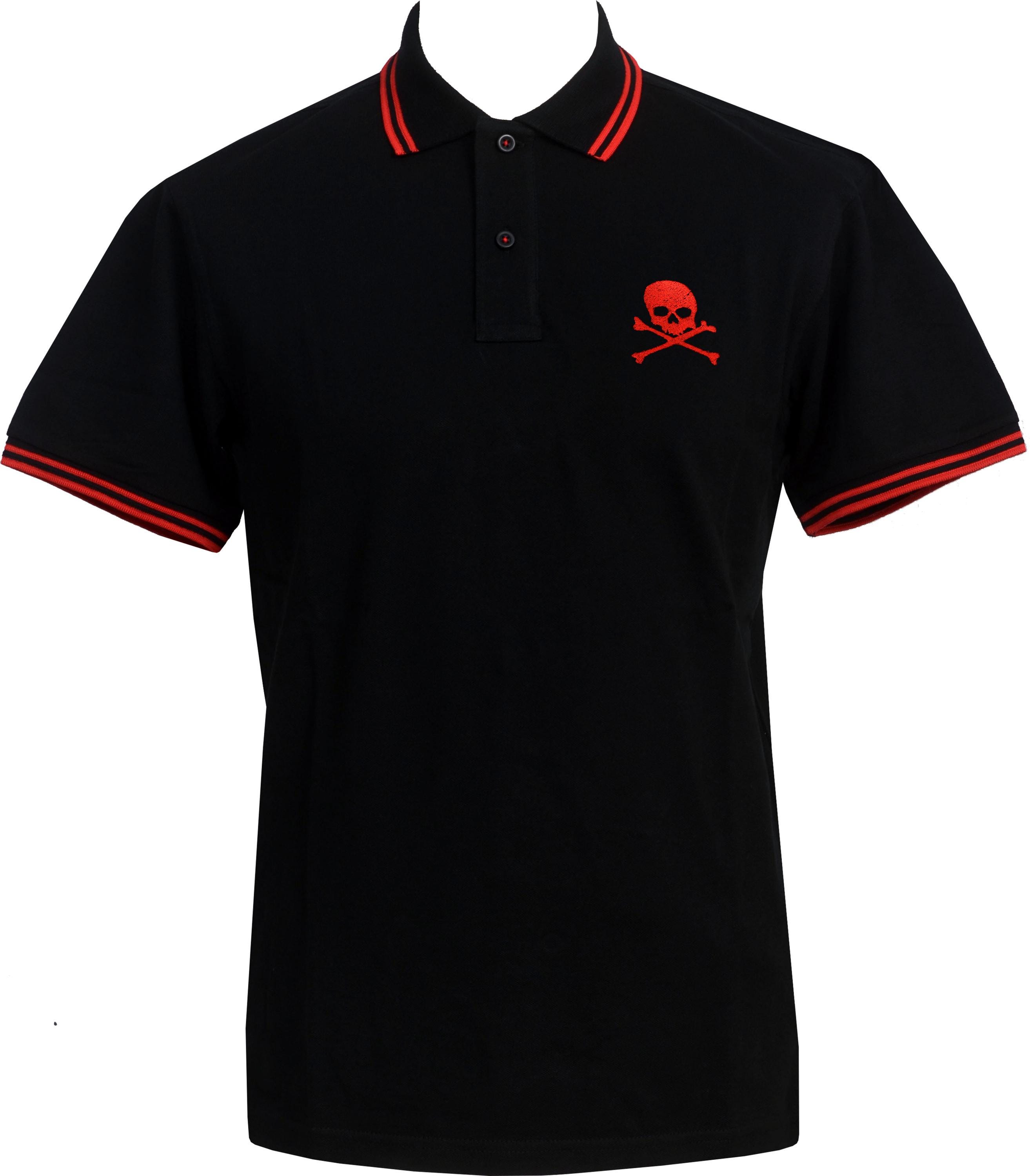 Punk Skull Polo Shirt – Black & Red Embroidered Crossbones Mod Top