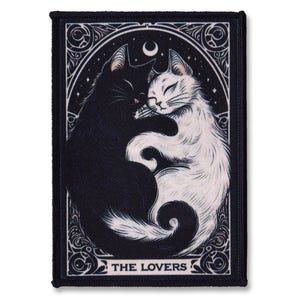 Écusson chat The Lovers – Écusson à coudre Yin Yang pour tarot de chats noirs et blancs
