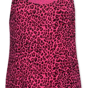 Hot pink leopard tank top with black spots – perfect for punk, rockabilly, and alt fashion lovers.