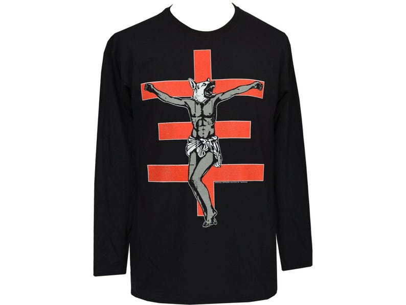 Men’s black long sleeve t-shirt featuring red cross and a crucified humanoid figure with a snarling dog head, inspired by Psychic TV.