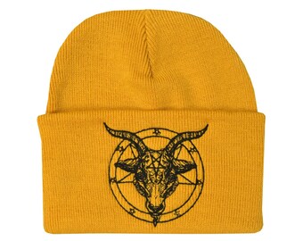 Baphomet Mustard Yellow Beanie Hat Embroidered Pentagram Satanic Occult Church Satan Gothic
