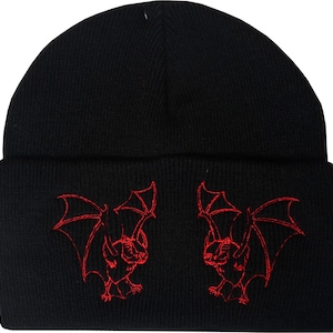 Black Twin Bat Beanie – Red Embroidered Gothic Knit Hat
