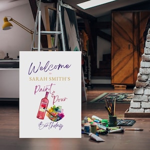Paint And Pour Sign, Wine And Paint Birthday, Paint and Sip Party, Paint Night Party, Custom Art Party Welcome Poster Instant Download MC03