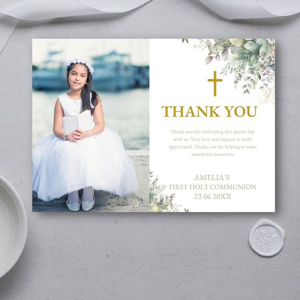 First Holy Communion Thank You Postcard, Photo Thank You Note, Greenery Thank Card, Printable 1st Communion Thank You  DIGITAL DOWNLOAD MC09